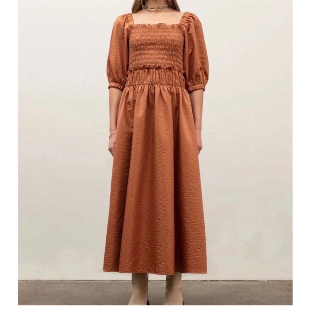 Moon River Anthropologie M Smocked Rust Midi Maxi‎ Puff Sleeve Peasant Milkmaid